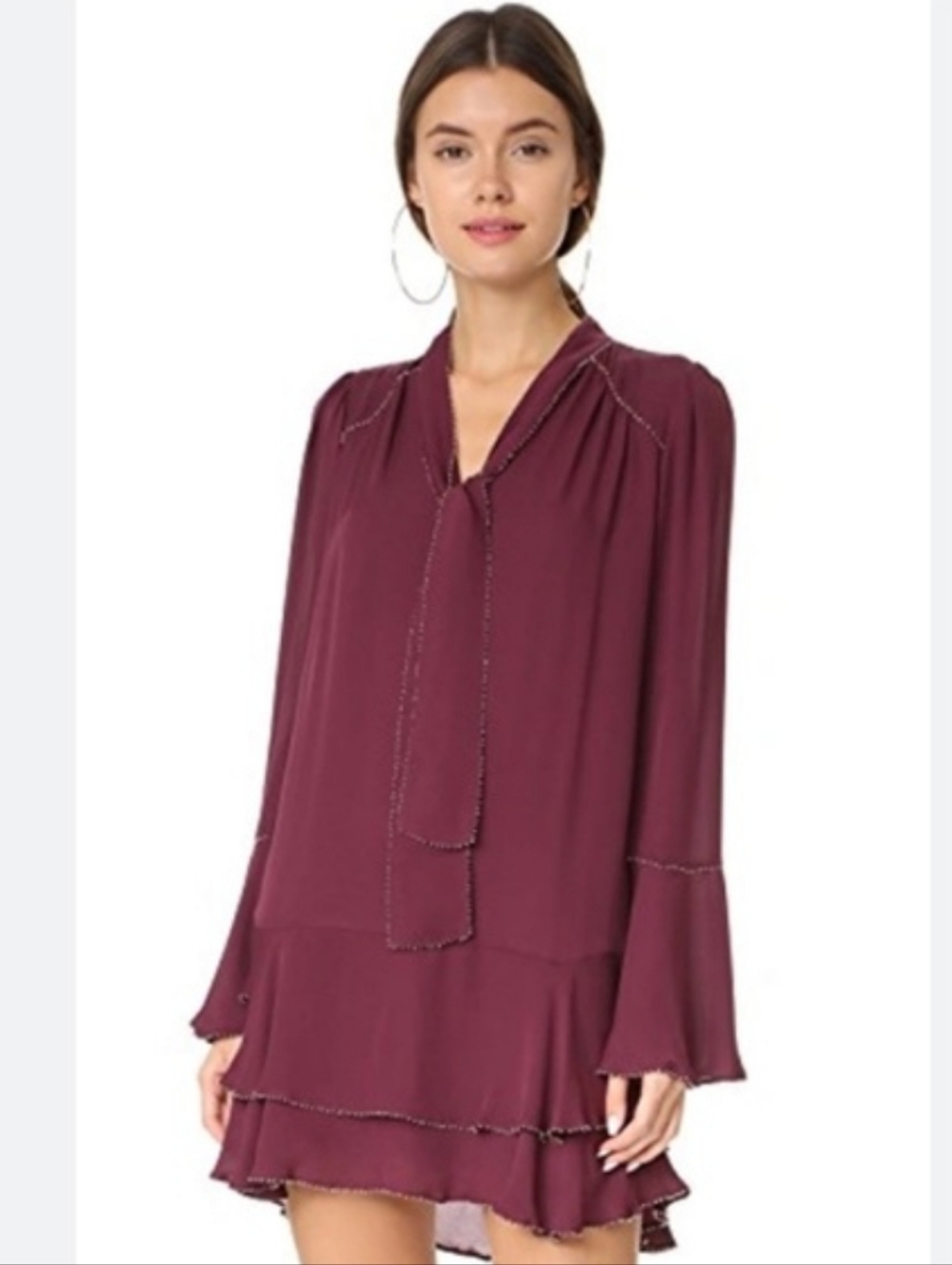 Parker Women Ruffled Beaded Long Sleeve Silk Chiffon Mini Dress Sz XS Burgundy
